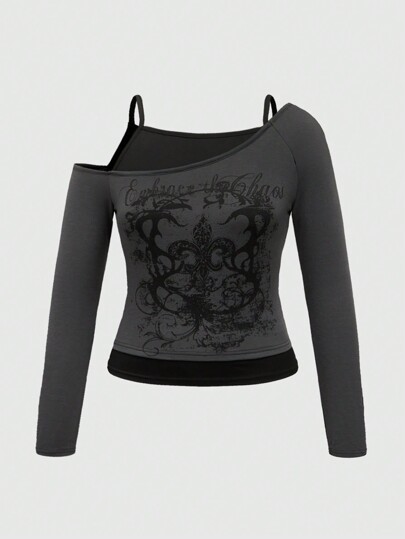 Grunge Punk Camiseta de mujer talla grande de 2 en 1 con estampado de enredadera y color de contraste hombros caídos