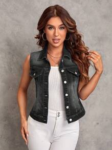SHEIN LUNE Women's Casual Washed Denim Sleeveless Jacket - Black - View 1