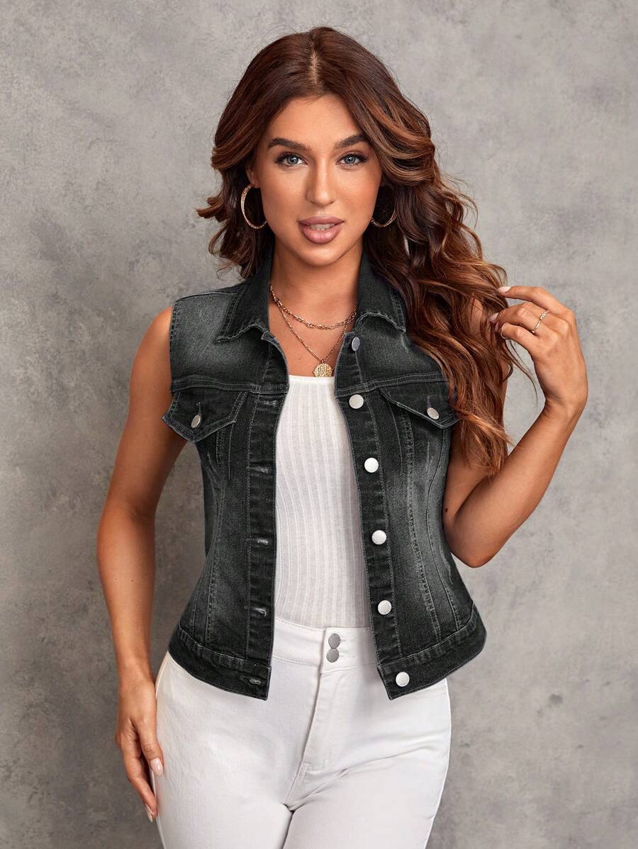 SHEIN LUNE Women's Casual Washed Denim Sleeveless Jacket - Black - View 1