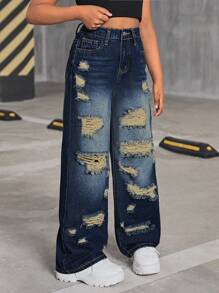 SHEIN Tween Girl Y2K Fashion Retro Washed High Waist Distressed Ripped Straight Leg Jeans, Back To School Casual Clothes - Dark Wash - View 3