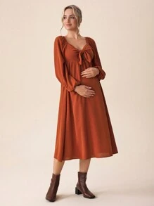 SHEIN Váy bầu thanh lịch cho nữ, tay bồng, kiểu xoắn nơ phía trước, màu đỏ gỉ, mùa thu - Rỉ Nâu - Xem 4