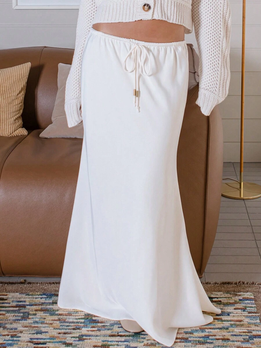 Aralina Luxe Satin Drawstring Satin Maxi Skirt - Apricot - View 1