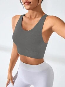 Easithlete 女式纯色交叉后背镂空无袖无缝运动健身背心 - 灰色 - 查看 2