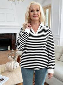 EMERY ROSE Autumn/Winter New Contrast Color Collar Loose Long Sleeve Stripe Women Sweatshirt