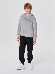 SHEIN Leap Crew Tween Boy Letter Embroidery Drop Shoulder Teddy Hoodie,In Fall/Winter - Grey - View 4