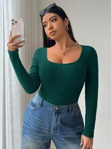 SHEIN EZwear Camiseta de manga larga con cuello cuadrado de punto elástico para mujer talla grande, cómoda para usar de forma casual, en el hogar, yoga y al aire libre