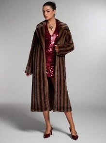 SHEIN BAE Áo khoác dài nữ phong cách đường phố, hai tông màu kẻ sọc, cổ ve áo xù, màu nâu sô cô la cổ điển, áo khoác lông xù cho mùa thu/đông, áo khoác dày dặn ấm áp và thân thiện với da, thích hợp cho tiệc Giáng sinh, Lễ Tạ ơn hoặc các dịp lễ khác. - Cà phê nâu - Xem 4