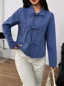 SHEIN EZwear Casual Woven Turndown Collar Long Sleeve Washed Women Shirt - Blue - View 3