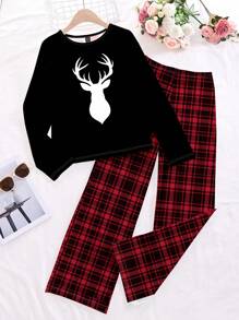 SHEIN Essnce 2 件套女士休闲简约全印花长袖上衣和长裤套装 - 彩色 - 查看 1