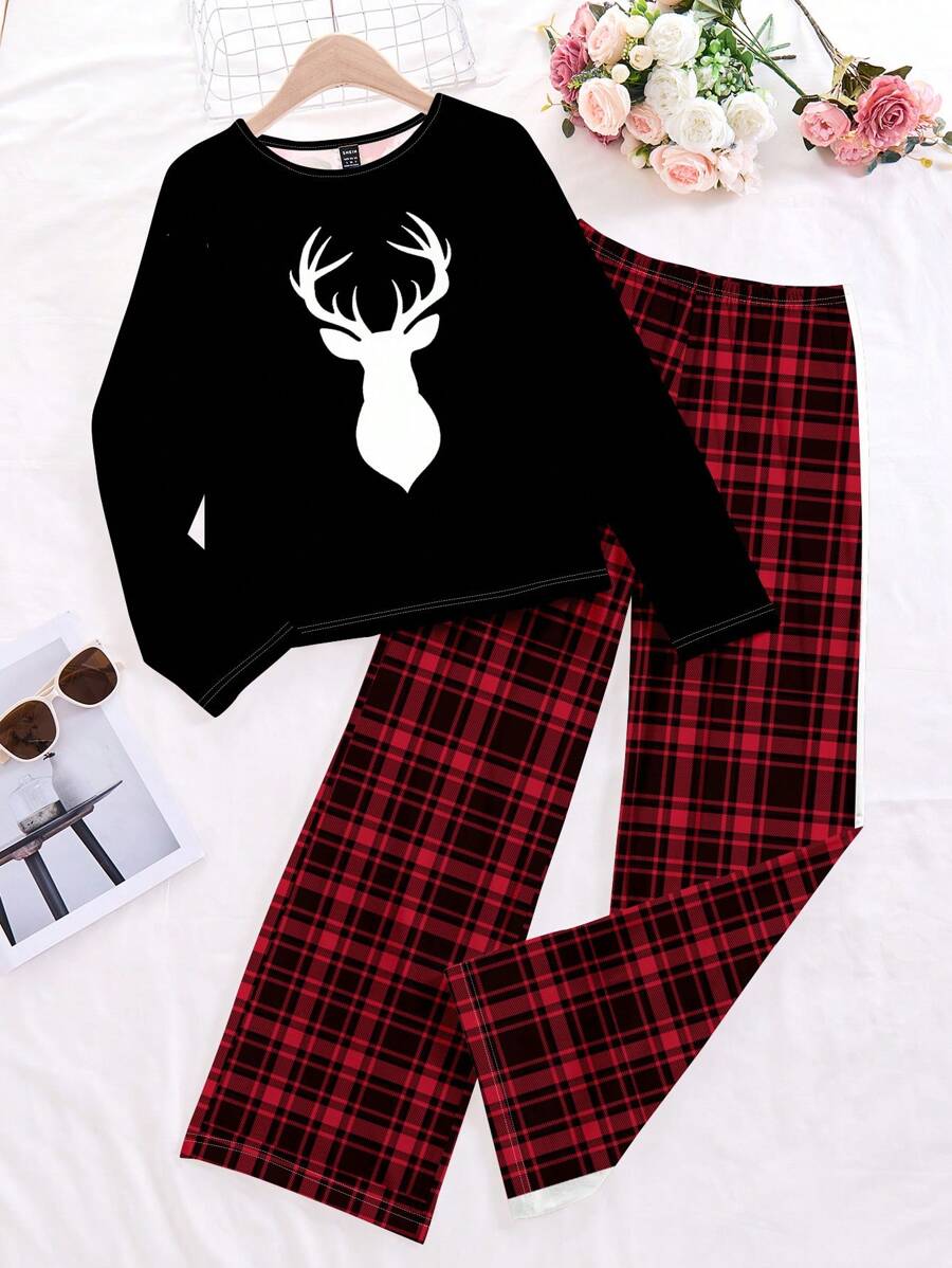 SHEIN Essnce 2 件套女士休闲简约全印花长袖上衣和长裤套装 - 彩色 - 查看 1