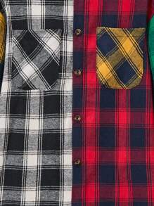 SHEIN Tween Boys Plaid Print Colorblock Hooded Shirt Without Tee