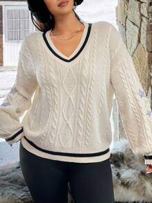 SHEIN EZwear 大码 V 领扭纹针织宽松毛衣配星星刺绣，秋冬款 - 杏色 - 查看 3