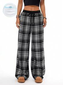 Coolane 女裝休閒寬腿格紋褲，黑白拼接設計，手感紋理质感 - 黑色 - 查看 1