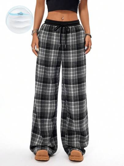 Coolane 女裝休閒寬腿格紋褲，黑白拼接設計，手感紋理质感