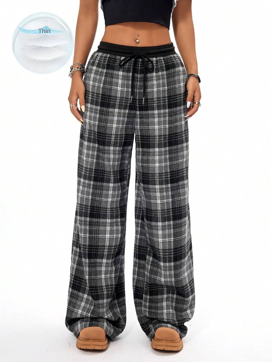 Coolane 女裝休閒寬腿格紋褲，黑白拼接設計，手感紋理质感 - 黑色 - 查看 1