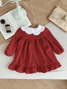 SHEIN LMoss Kids LMoss 女婴灯芯绒拼布彼得潘领长袖连衣裙，秋冬款