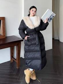 Flirla 大码女式拼布毛绒领长袖长款休闲加厚棉衣，冬季保暖服装 - 黑色 - 查看 3