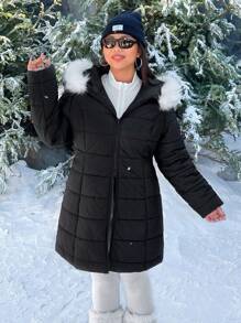 SHEIN EZwear Quilted Thick Winter Coat With Fur Collar, Figure-Flattering And Warm, Suitable For Winter