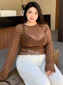 Dazy Plus 圆领圆点修身半透明女式衬衫 - 咖啡棕 - 查看 6