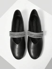 MOTF PREMIUM WOMEN'S CASUAL & COMFORTABLE BUCKLE DESIGN RHINESTONE MARY JANE SQUARE TOE FLAT SHOES, VERSATILE COMMUTING - Black - View 2