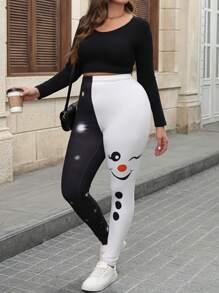 SHEIN LUNE Quần legging thun co giãn cao in họa tiết Giáng sinh cỡ lớn cho nữ, mùa đông - Đen và trắng - Xem 5