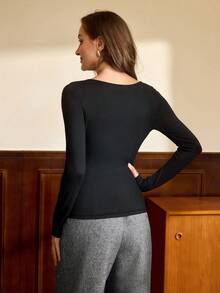 Vintamour Áo thun nữ cổ tròn tay dài thanh lịch cổ điển màu đen, phù hợp cho tiệc tùng hoặc hẹn hò, trang phục mùa thu/đông cho nữ, lễ tạ ơn, năm mới - màu đen - Xem 2