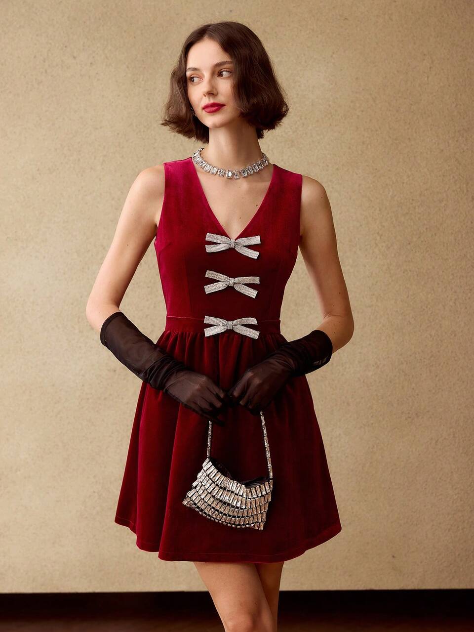 MOTF VELVET V-NECK RHINESTONE BOW FRONT SLEEVELESS DRESS