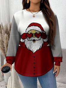 SHEIN LUNE Casual Minimalist Full Print Christmas Crew Neck Loose Fit Sweatshirt For Plus Size, Autumn/Winter