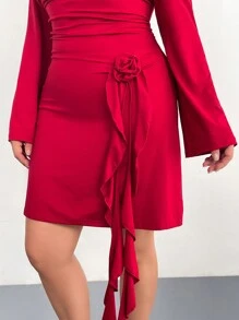 SHEIN Privé 大码女式 3D 花朵爱心/情人荷叶边系带抽绳长袖紧身情人节紧身迷你连衣裙，秋冬 - 紅色 - 查看 6