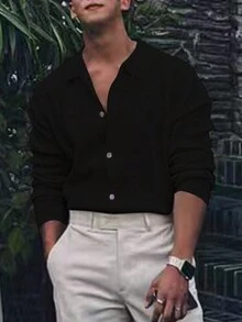 Manfinity Homme Áo khoác cardigan cài nút tối giản thường ngày cho nam, mặc hàng ngày vào mùa thu/đông Áo sơ mi đen cho nam Áo sơ mi đen nam - màu đen - Xem 3