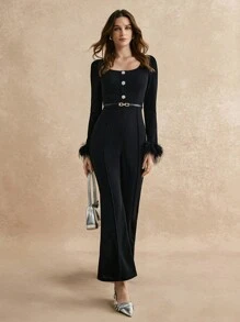 Poéselle Women's Solid Color Front Button Mock Fur Trim Long Sleeve Jumpsuit,2024 AW, Winter Clothes - Black - View 5