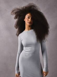 Athîral Women Solid Color Long Sleeve Minimalist Fitted Rib Casual Dress Light Grey Fall/Winter - Grey - View 6