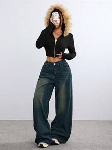 Coolane Women's Fall/Winter Y2K Daily Wear Streetwear Casual Basic Fuzzy Fleece Hooded Fitted Long Sleeve Crop  Tops - Black - View 6