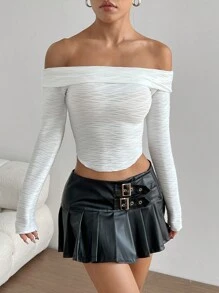 Flirla 1pc Women's Casual, Daily, Home, Commuting, Shopping Off-Shoulder Exposed Shoulder, Arc Hem Knit Texture T-Shirt Fall Cloth For Women