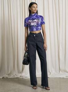 AiiRZ Rolled High Neck Graphic Crop T-Shirt - Purple - View 4