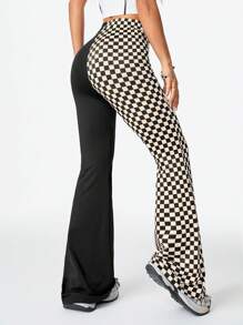 SHEIN EZwear Checkerboard Print Street Style Versatile Women Checkered Patchwork Color Block Flared Sports Pants