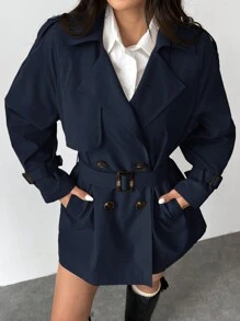 SHEIN EZwear Áo khoác dài tay thường ngày cổ ve hai hàng khuy màu trơn cho nữ, mới mùa thu - Màu xanh hải quân - Xem 6