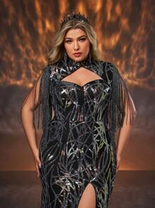 Glamrae Plus Size Black Sexy Sparkling Sequins Hollow Out Neck Fringe High Slit Elegant Formal Gown For Evening Party, Wedding Guest Dress