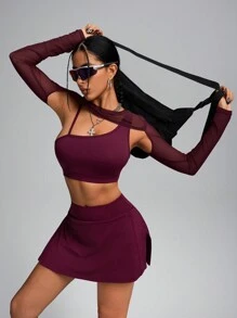 Innovista 3-In-1 Asymmetric Crop Tank Top & Skirts & Bolero,Tennis Skirts Set,Breathable Detach Mesh Sleeves Top,Gym Woman Sets, Workout Set,Track Suit,Golf Clothing,Tennis Skirt,Y3K Skirts,Valentines Gifts,Valentines Wear - Burgundy - View 1