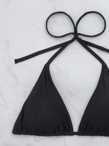 2pcs/Set Sexy Triangle Crop Top + High Cut Ruffle Trim Panty, Summer - Black - View 5