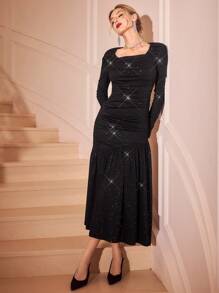 Vintamour Vintage Elegant Women Sequin Glitter Knitted Elastic Square Collar Long Sleeve Ruched Patchwork Asymmetrical Hem Bodycon Black Autumn Dinner Dress - Black - View 4
