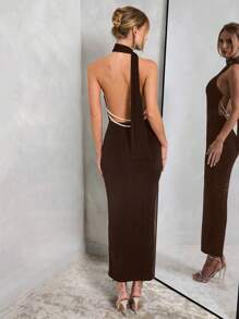 SHEIN BAE 女士秋冬派对露背不对称珍珠装饰修身长款晚礼服、舞会礼服