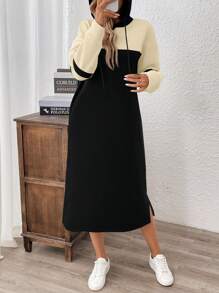 SHEIN LUNE Váy nỉ dày dài tay rộng rãi có mũ trùm đầu màu tương phản - Nhiều màu - Xem 6