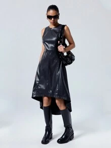 LYSMO Women Solid Color Round Neck PU Leather Sleeveless Mini Dress, Short Front & Long Back Design, Casual - Black - View 3