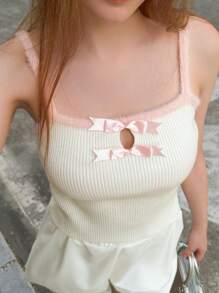 INAWLY Áo hai dây bó sát họa tiết nơ trang trí mùa hè cho nữ - trắng - Xem 5