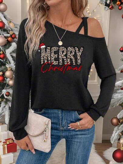 SHEIN LUNE Women Casual "Merry Christmas" Leopard Print One Shoulder Long Sleeve T-Shirt, Suitable For Autumn/Winter