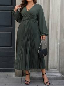 Vionelle Elegantes dunkelgrünes V-Ausschnitt plissiertes Langarm-Maxikleid in Große Größen für Damen, Herbstoutfit, einfarbige Kleidung für Urlaub und Pendeln im Herbst für Frauen - Armeegrün - Übersicht 4
