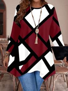 Mellowie Casual Minimalist Asymmetrical Hem Round Neck Geometric Line Pattern Full-Width Print Loose Fit Long Sleeve T-Shirt, Suitable For Autumn & Winter, Plus Size Autumn And Winter