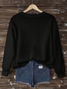 SHEIN LUNE Áo nỉ dày cổ tròn in họa tiết tối giản giản dị, dáng rộng, cỡ lớn, cho mùa đông - màu đen - Xem 3