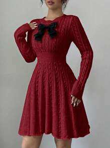 Selianne Váy len thắt eo trang trí nơ thanh lịch giản dị cho nữ, mùa thu/đông - Màu Đỏ Sâu - Xem 5